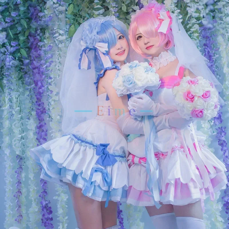 Anime Cosplay Rem - อะนิเมะ Re: ชีวิตในโลกที่แตกต่างกัน Ram Rem ชุดคอสเพลย์ผู้หญิงน่ารักชุดผ้าคลุมหน้าชุดแต่งงานฮาโลวีน