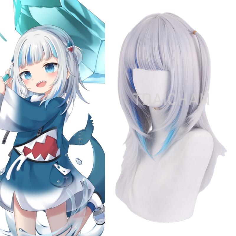 Anime Cosplay Event 2025 - วิกผมคอสเพลย์ Gawr Gura ปี 2025 สีขาวไล่เฉดฟ้า