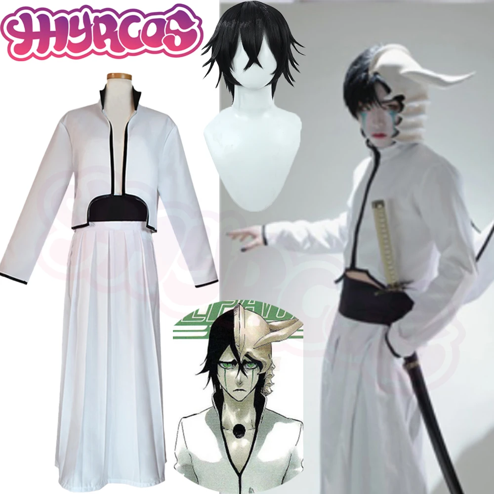 Cosplay Anime White Hair - CosplayAnime Bleach Ulquiorra คอสเพลย์เครื่องแต่งกาย Ulquiorra หมวกกันน็อกหน้ากากวิกผมขนสีขาวกิโมโน