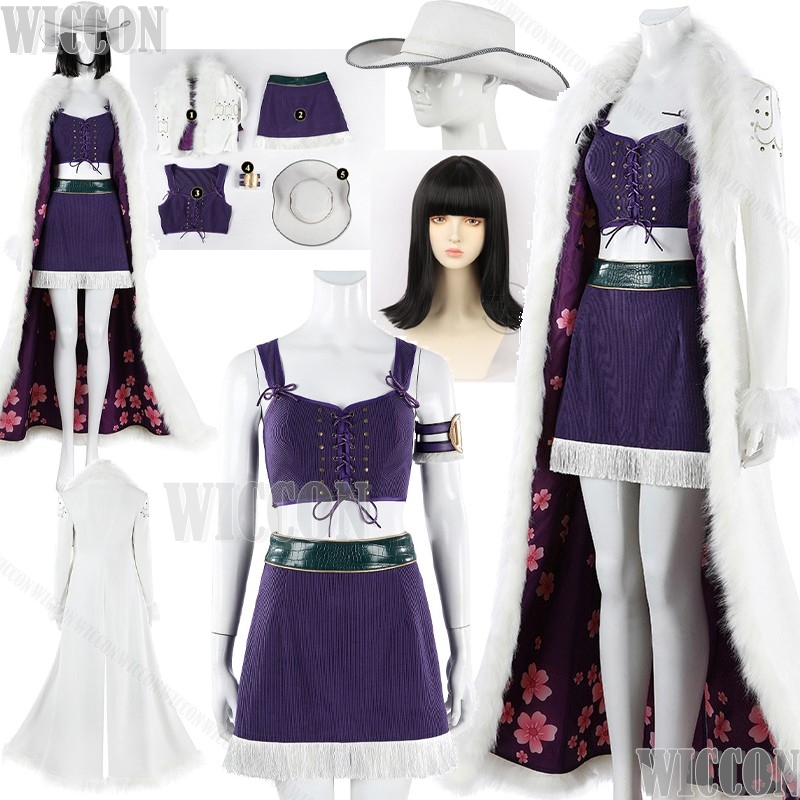 Cosplay Anime Black Hair - ชุดคอสเพลย์โรบินจากภาพยนตร์อนิเมะนิโก้ ชุดเดรสสีม่วงเซ็กซี่ พร้อมเสื้อคลุมยาวสีขาว หมวก วิกผมสีดำ ผมสั้น