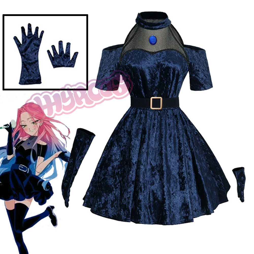 Anime Cosplay Blue Hair - Mizi คอสเพลย์อะนิเมะ Alien Stage เครื่องแต่งกายชุดสีน้ําเงินเข้มสีชมพูยาวผมถุงมือถุงน่องชุดเข็มขัดชุดสําหรับคริสต์มาส