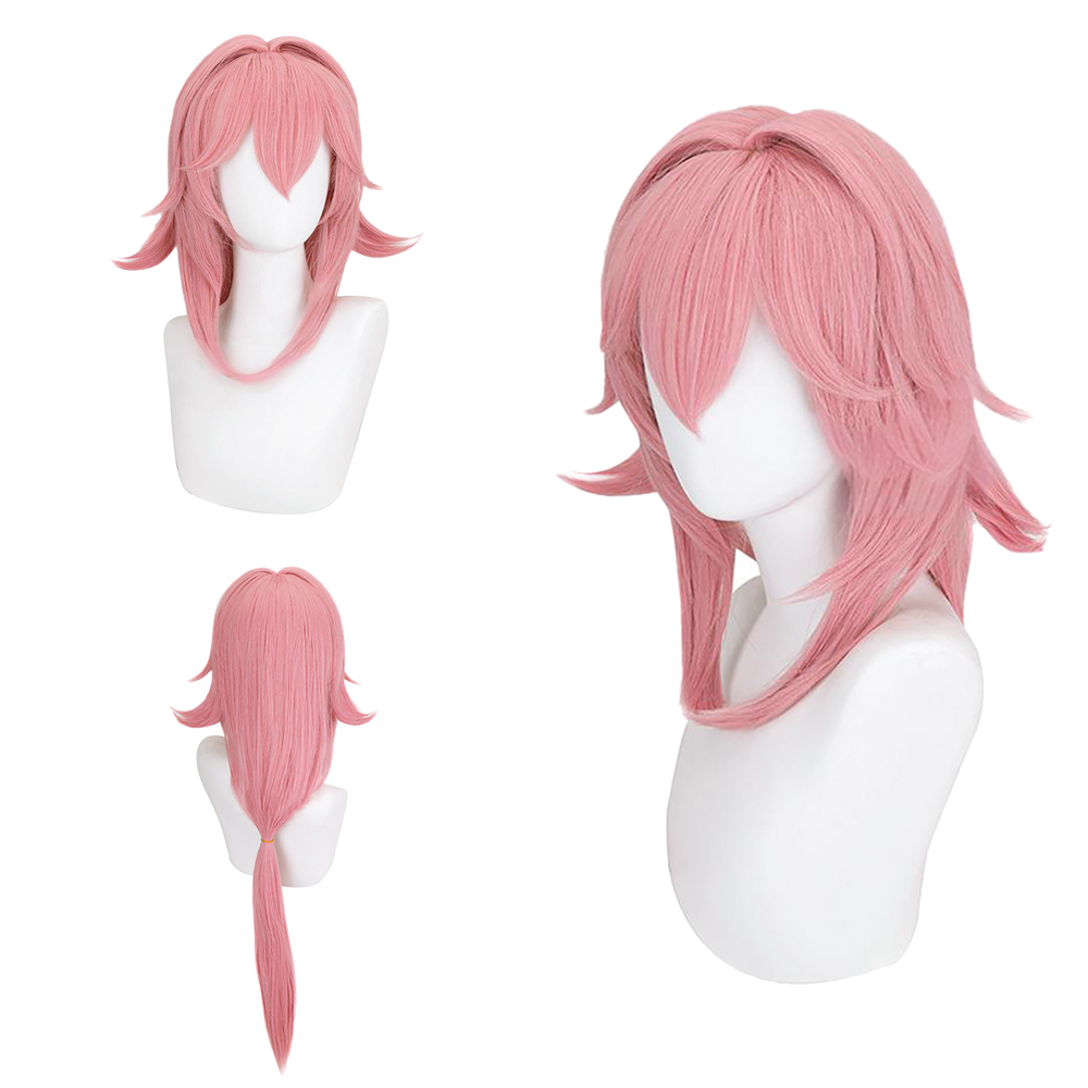 Cosplay Anime Yae Miko - ยาเอะ มิโกะ 1:1 รีสโตร์คอสเพลย์วิกผมหนังศีรษะจำลองสีชมพูทรงผมหางม้าผมสังเคราะห์ทนความร้อนสำหรับผู้หญิงอะนิเมะเล่นตามบทบาท