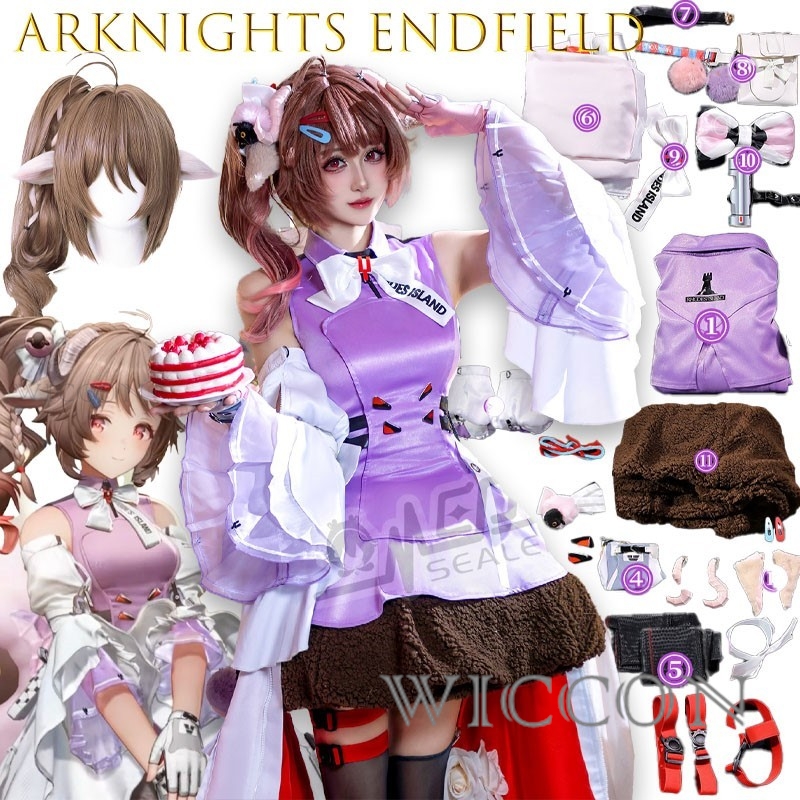 Anime Cosplay Blue Hair - ชุดคอสเพลย์ฮาโลวีนสำหรับผู้ใหญ่ Arknights Endfield Eldara พร้อมผมไล่เฉดสี แตรคาปรินีเรืองแสง