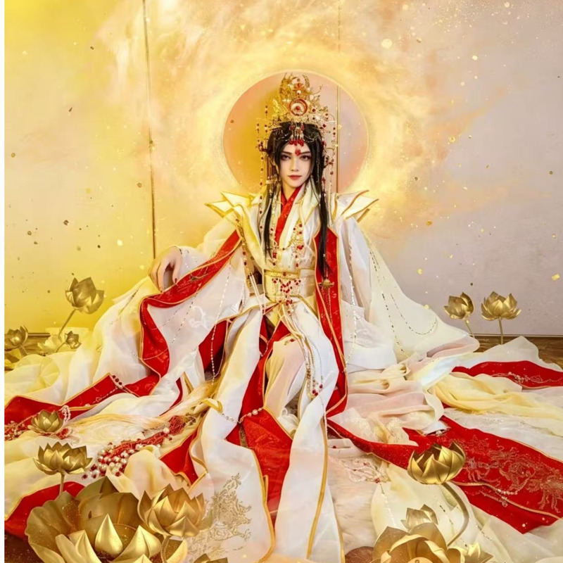 Costume Anime Cosplay - ชุดคอสเพลย์ฮาโลวีนสไตล์โบราณแบบจีนโบราณ ชุดฮั่นฝูสีแดง ขาว ทอง ประดับมงกุฎ พร้อมเครื่องประดับเทพเจ้า