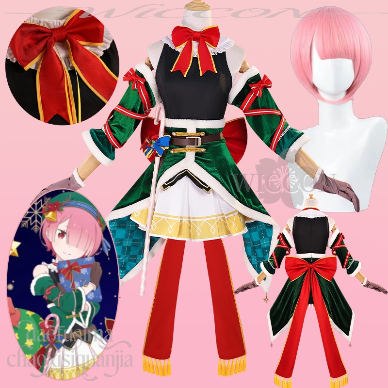 Anime Cosplay Event 2025 - ชุดคอสเพลย์รามจากอนิเมะเรด ซีโร่ 2025 สำหรับงานคริสต์มาส ชุดเดรสสั้นแขนกุดน่ารัก โบว์แดง
