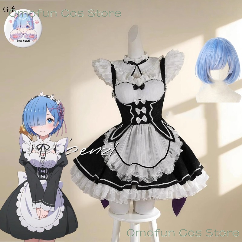 Anime Cosplay Rem - ชุดคอสเพลย์เรม รีมุ แบบแม่บ้าน สีฟ้า พร้อมวิกผม ชุดแฟนซี