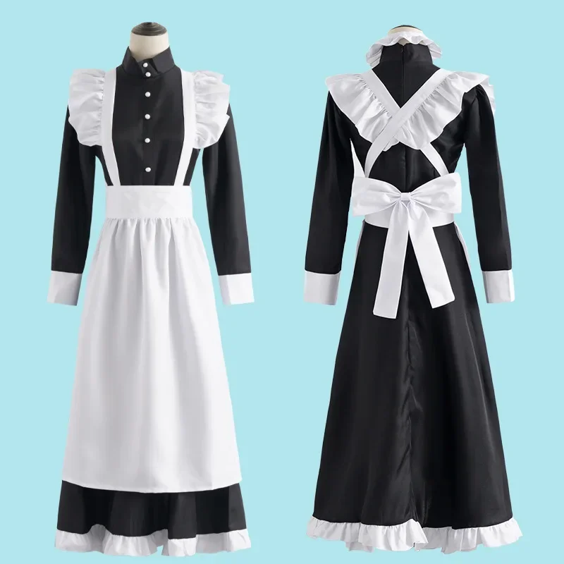 Anime Cosplay Shop - ชุดแม่บ้านสไตล์อังกฤษสีขาวดำคลาสสิก แต่งด้วยด้ายมุก ชุดยาวสำหรับร้านกาแฟ ชุดแม่บ้านสำหรับวันหยุด ชุดคอสเพลย์ เสื้อผ้าผู้ชาย