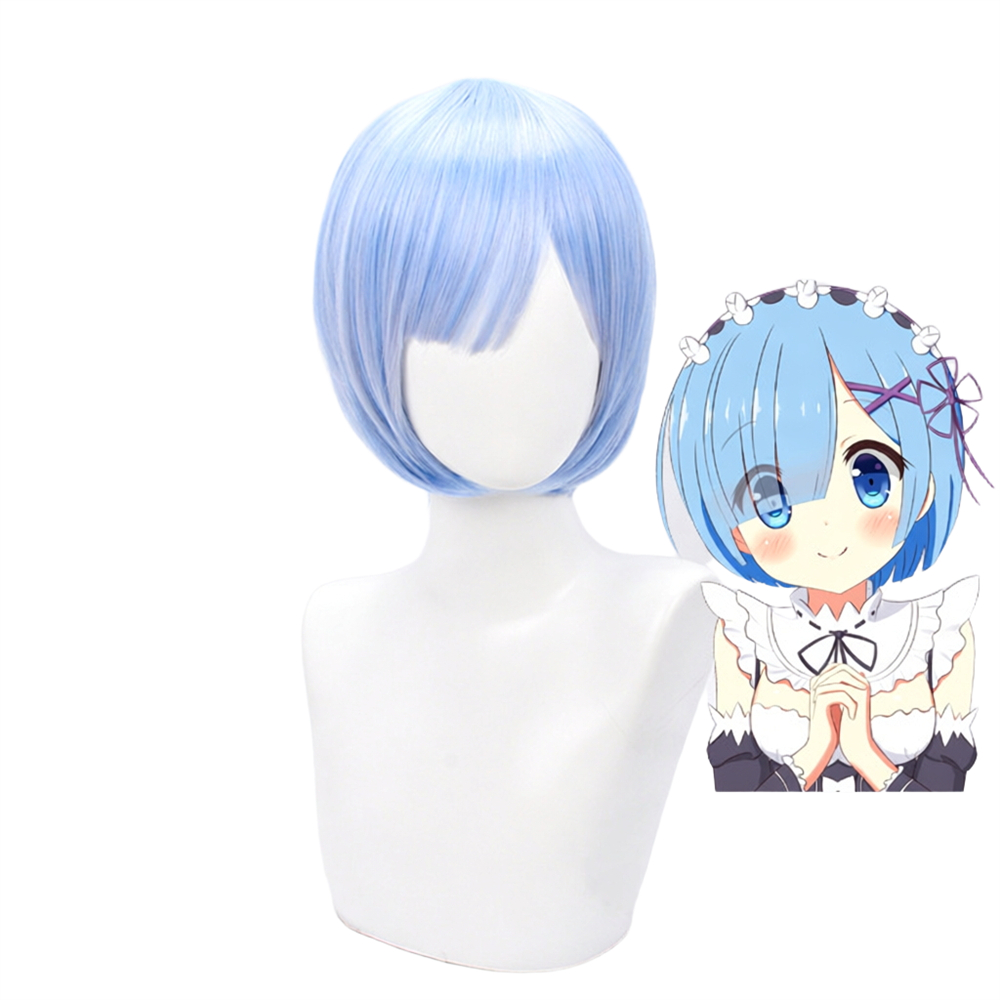 Anime Cosplay Blue Hair - วิกผมคอสเพลย์เรม วิกผมสั้นสีฟ้าอ่อน วิกผมสังเคราะห์ทนความร้อน สำหรับงานคอมมิคคอนเวนชั่น ปาร์ตี้ และการแสดง