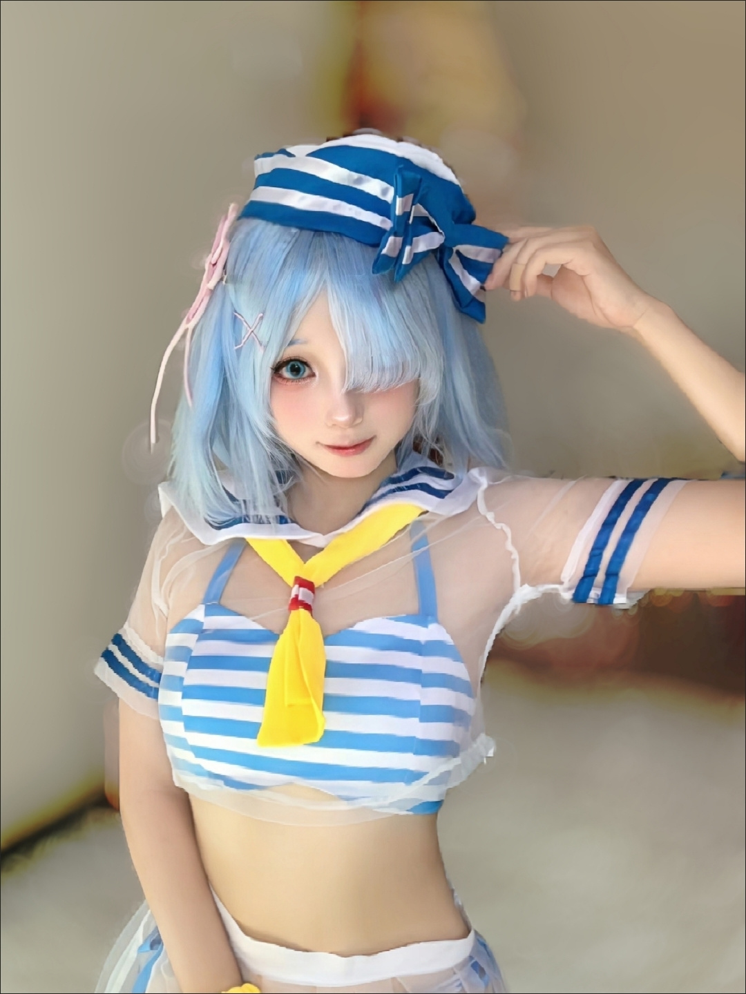 Anime Cosplay Rem - ชุดคอสเพลย์เร:ซีโร่ เรม - ชุดว่ายน้ำเซเลอร์น่ารักและชุดว่ายน้ำสำหรับการแสดงบทบาทสมมติในอนิเมะและงานปาร์ตี้ฤดูร้อน
